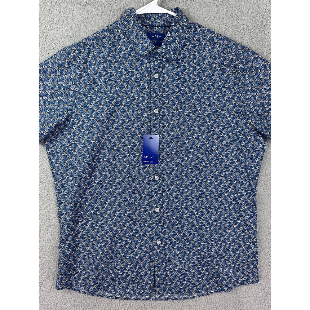 APT 9 Shirt Mens Large Blue Palm Tree Pattern Button Up Premier Flex Floral New